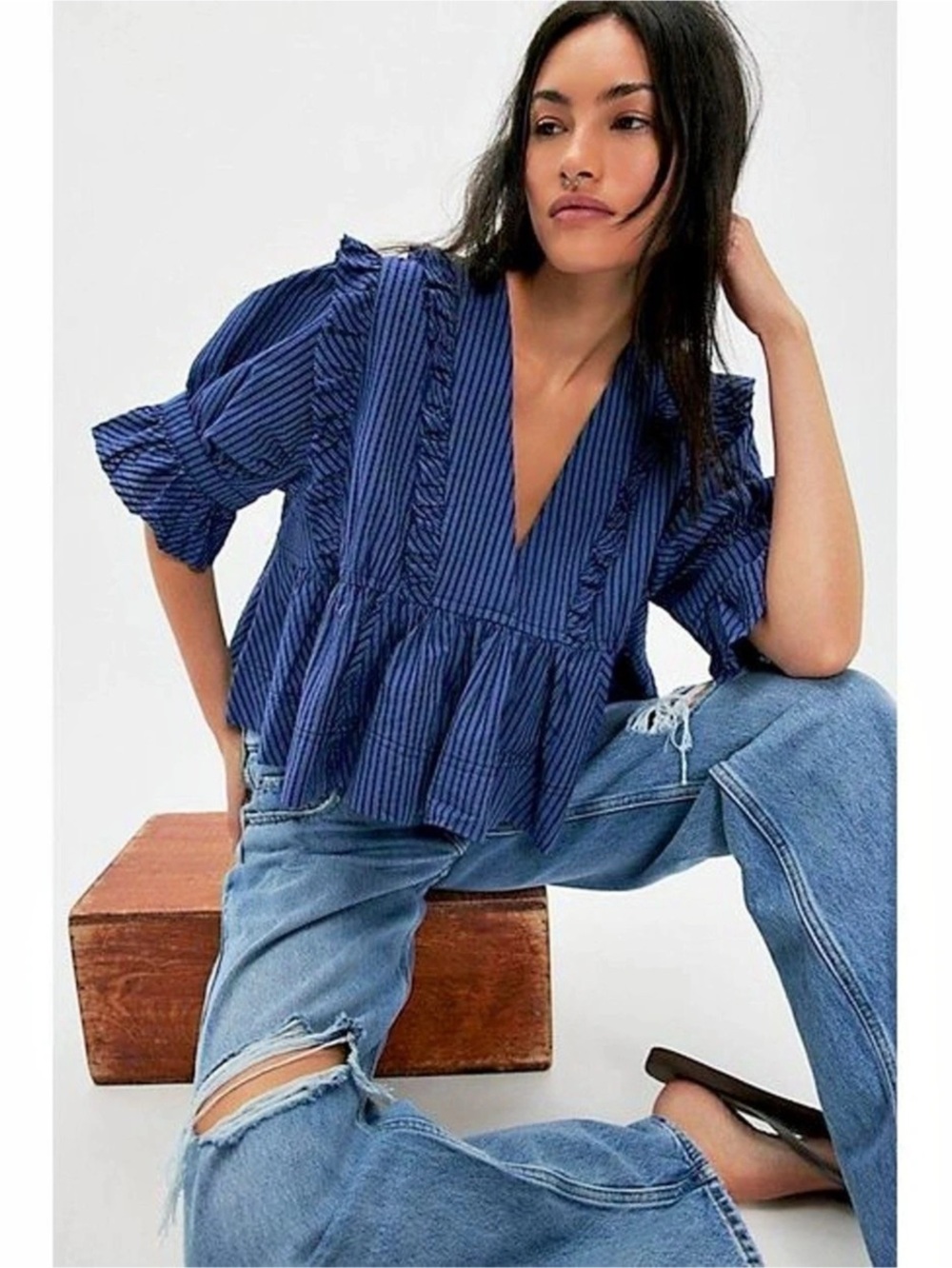Free People Miley Cotton Top Navy Ruffle Puff Sleeve XS NWT